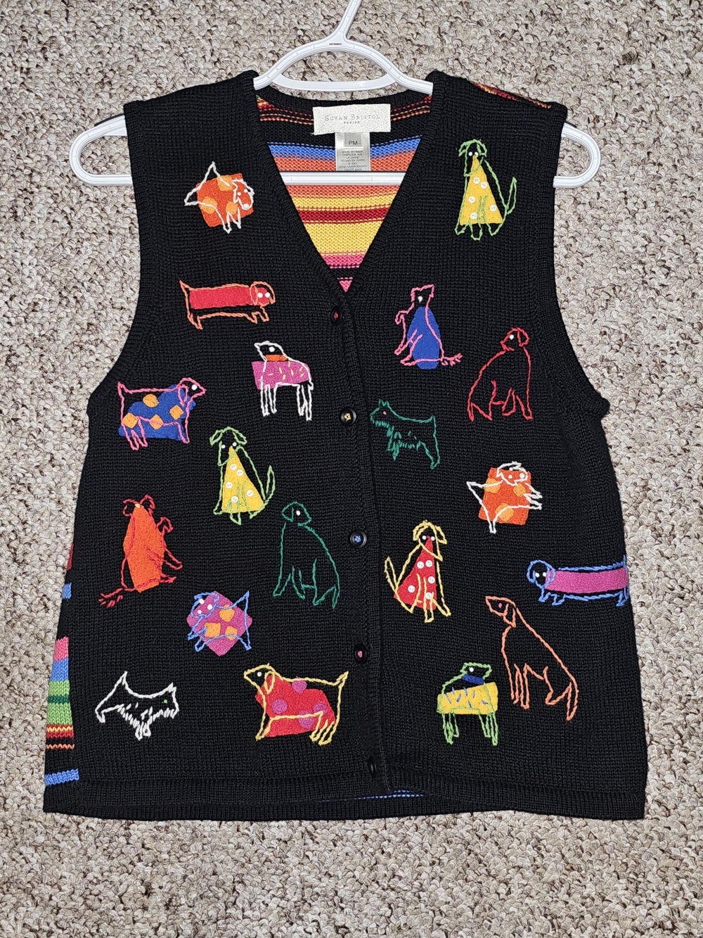 Susan Bristol Black Knit Dog Motif Vest with Multicolor Hand Embroidery Y2k